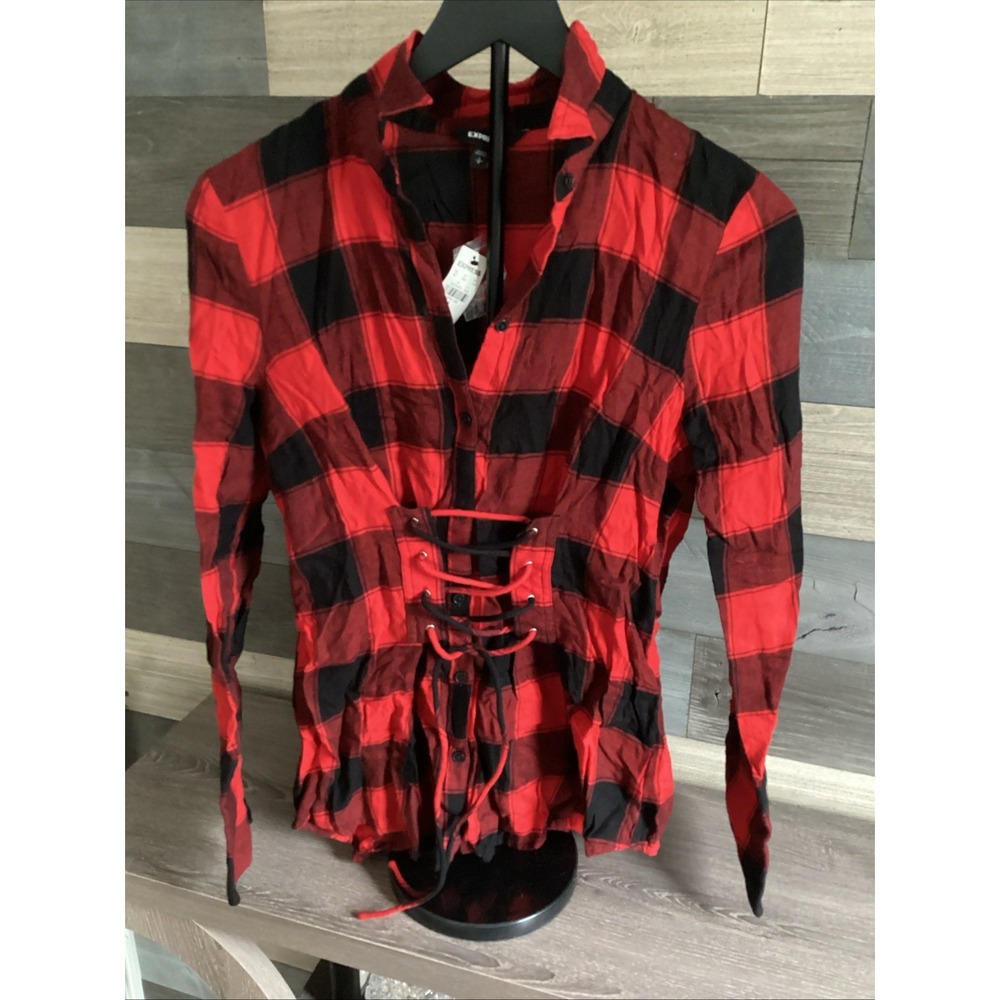 NWT‎ Express Women Plaid SZ S/P Red And Black Tie In Front Cute